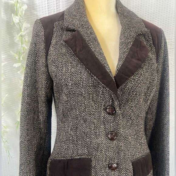 Women's Tweed Blazer Size Medium Brown Herringbone VELVETEEN Trim Dollhouse - Picture 4 of 14